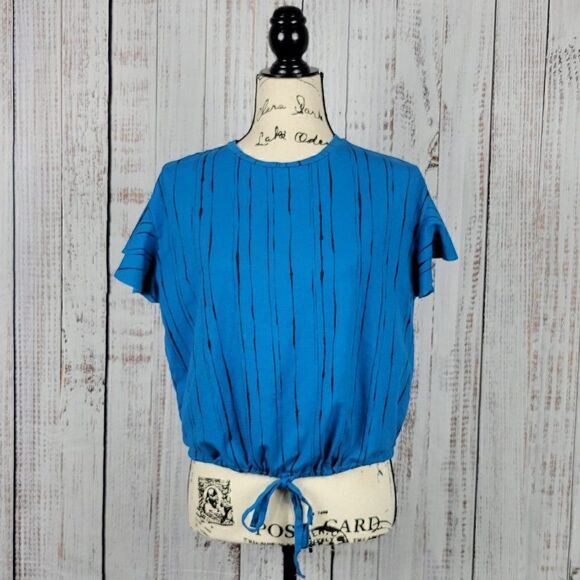 Worthington Blue Medium Funky Summer Chich Cropped Cinched Tie Waist Blouse - Picture 1 of 7